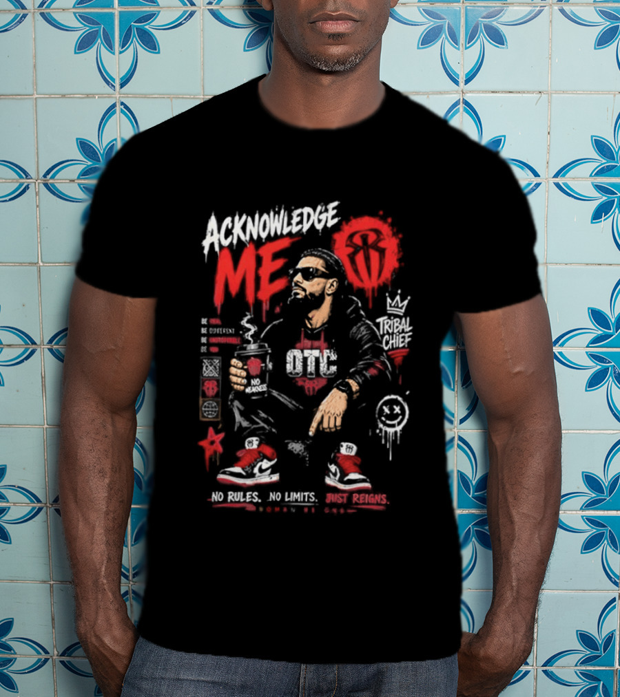 WWE Roman Reigns Acknowledge Me Tribal Chief OTC Red And White T-Shirt