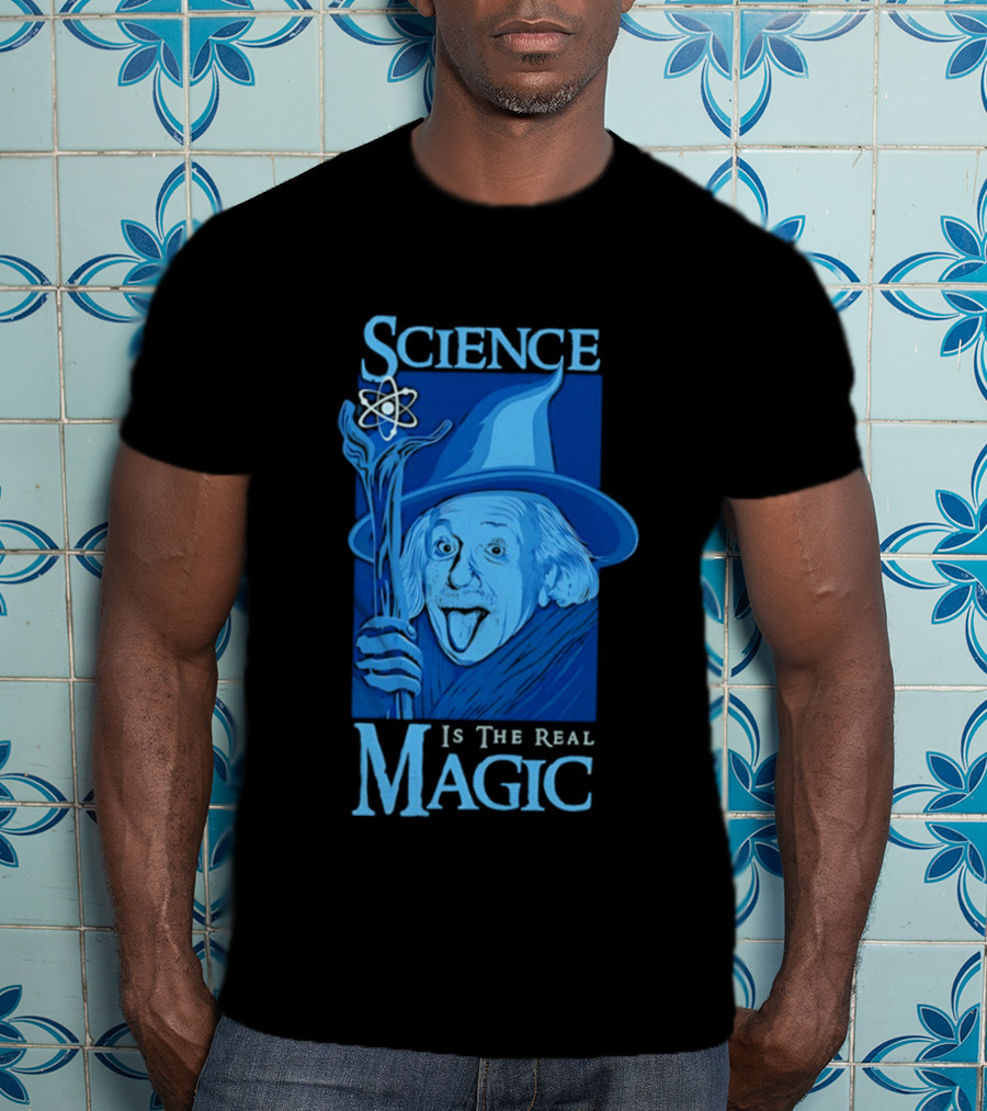 Science Is The Real Magic Einstein Wizard Motif T-Shirt