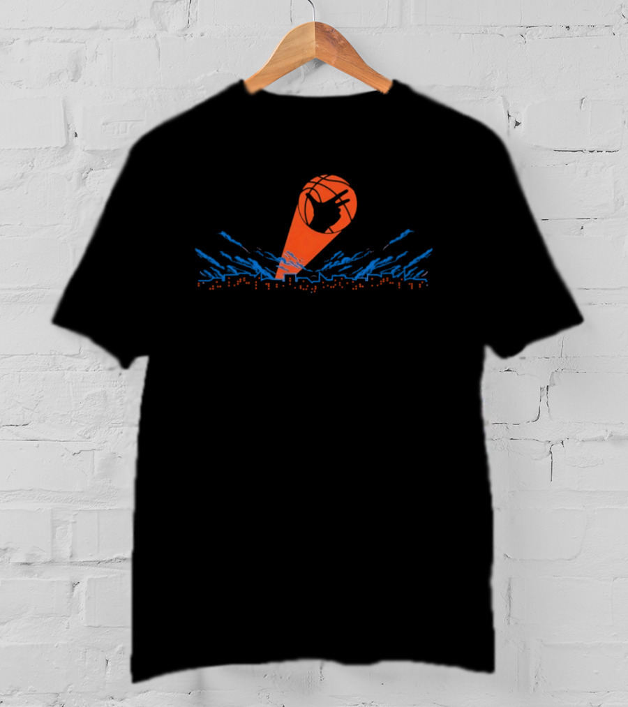New York Knicks Dub Hand Sign With City Skyline And Basketball T-Shirt