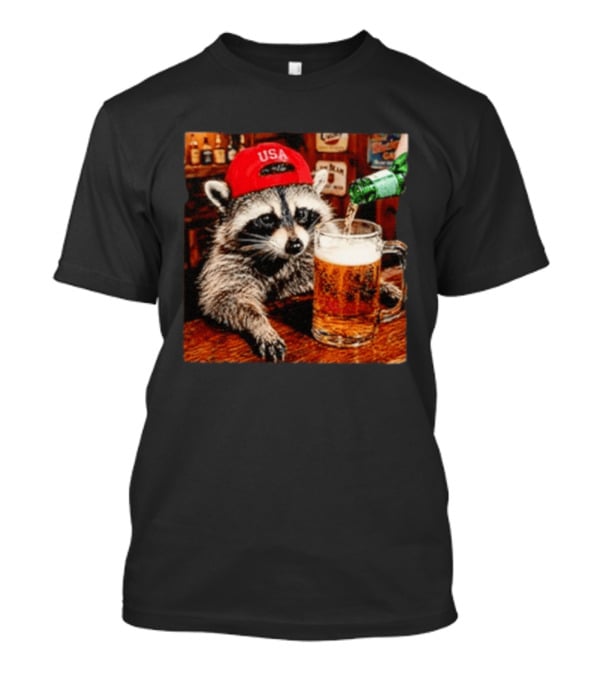 Patriotic Raccoon USA Hat Drinking Beer In Bar Scene T-Shirt