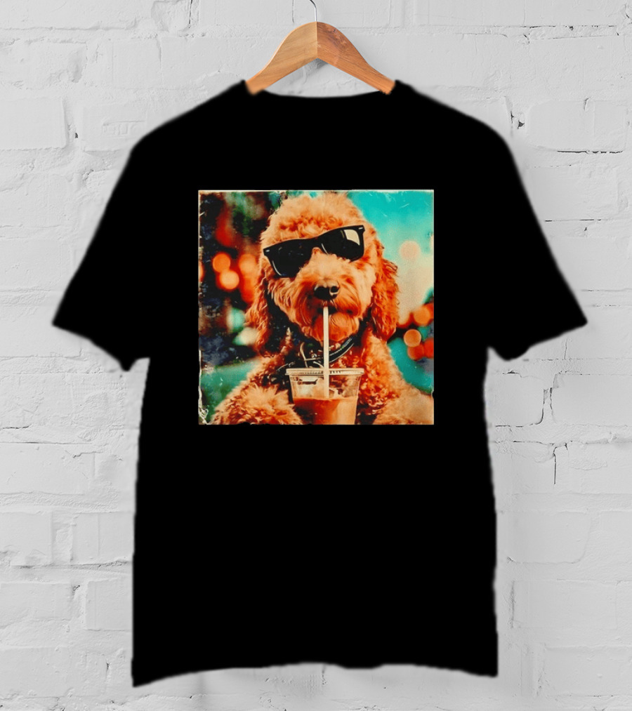 Goldendoodle With Sunglasses Enjoying Iced Coffee Retro Cool Vibes T-Shirt