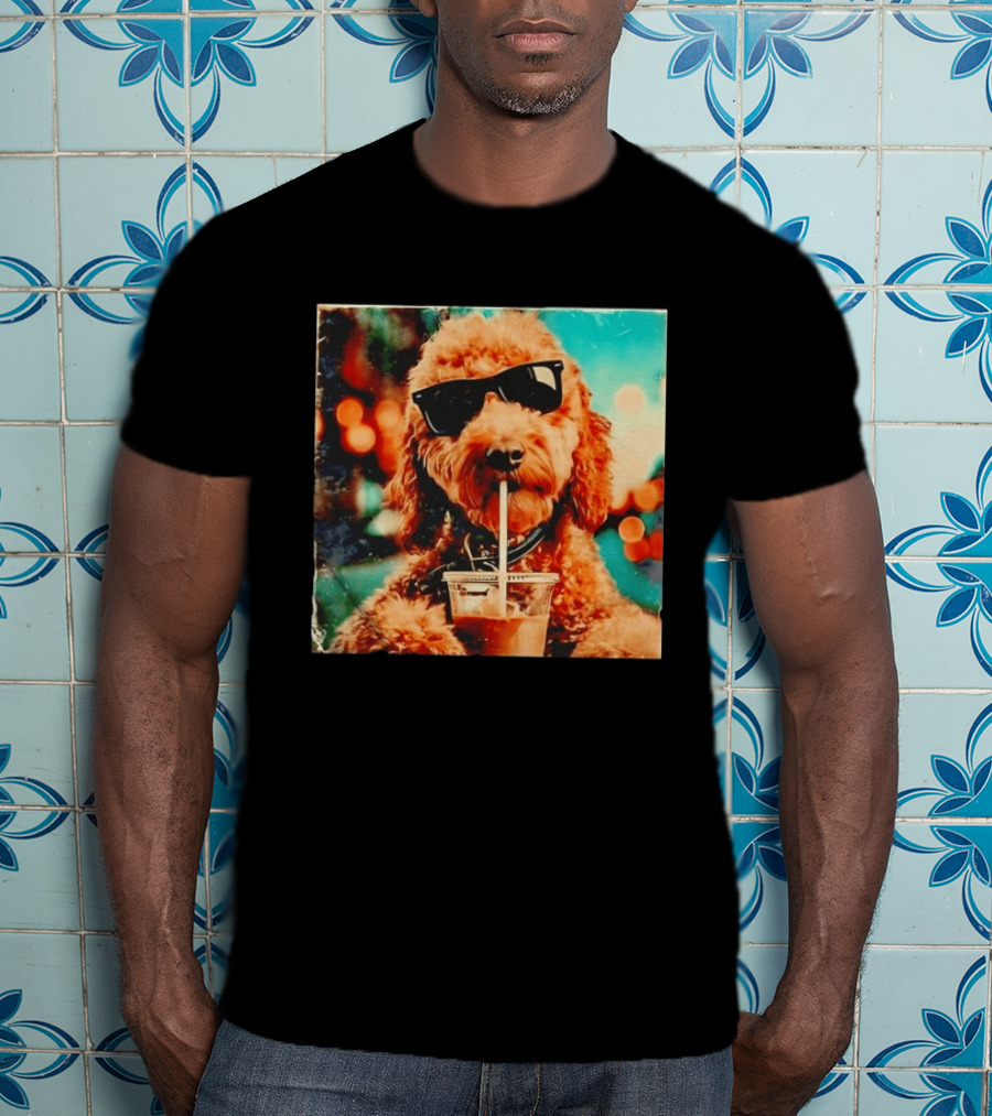 Goldendoodle With Sunglasses Enjoying Iced Coffee Retro Cool Vibes T-Shirt