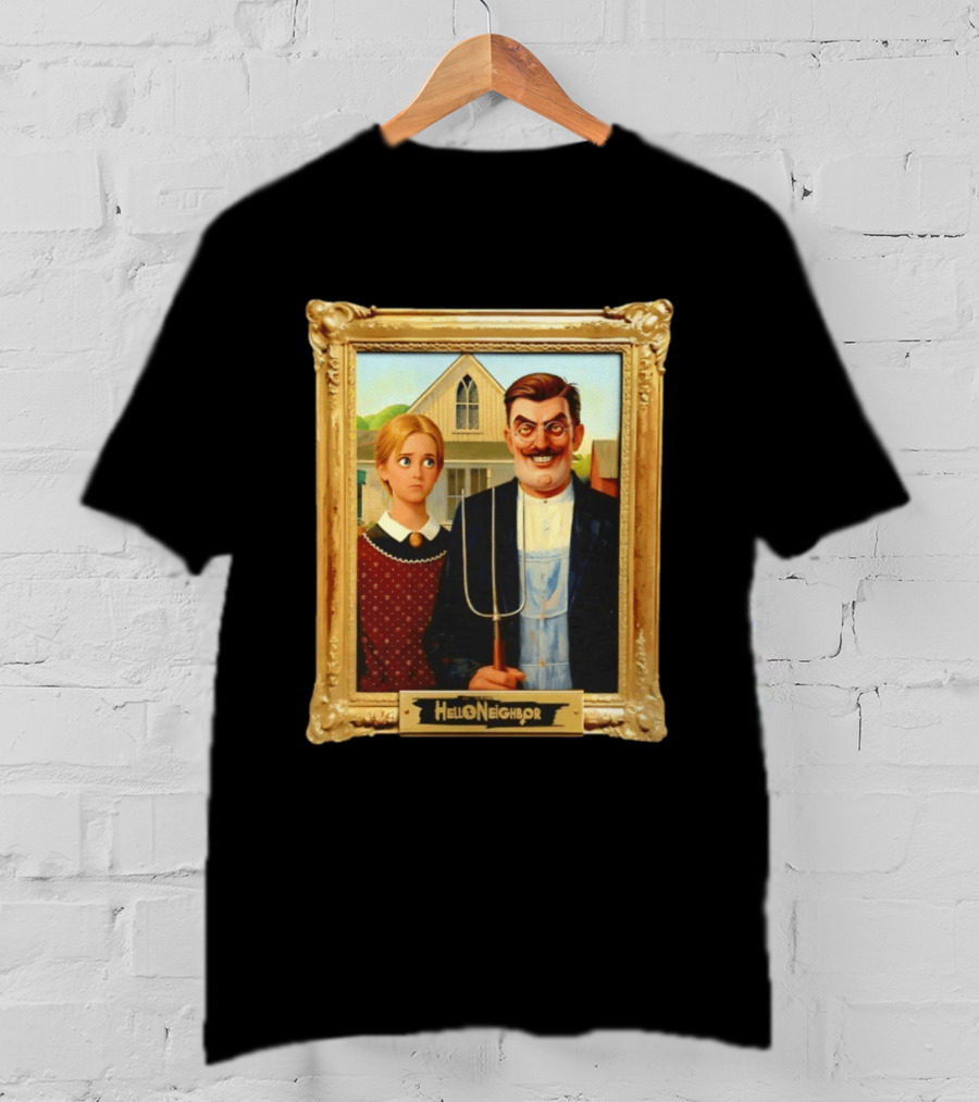 Hello Neighbor American Gothic Man Pitchfork Girl Painting Frame T-Shirt