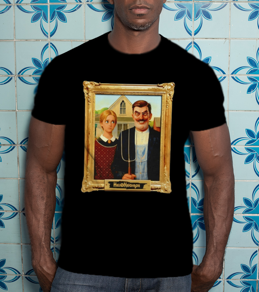 Hello Neighbor American Gothic Man Pitchfork Girl Painting Frame T-Shirt
