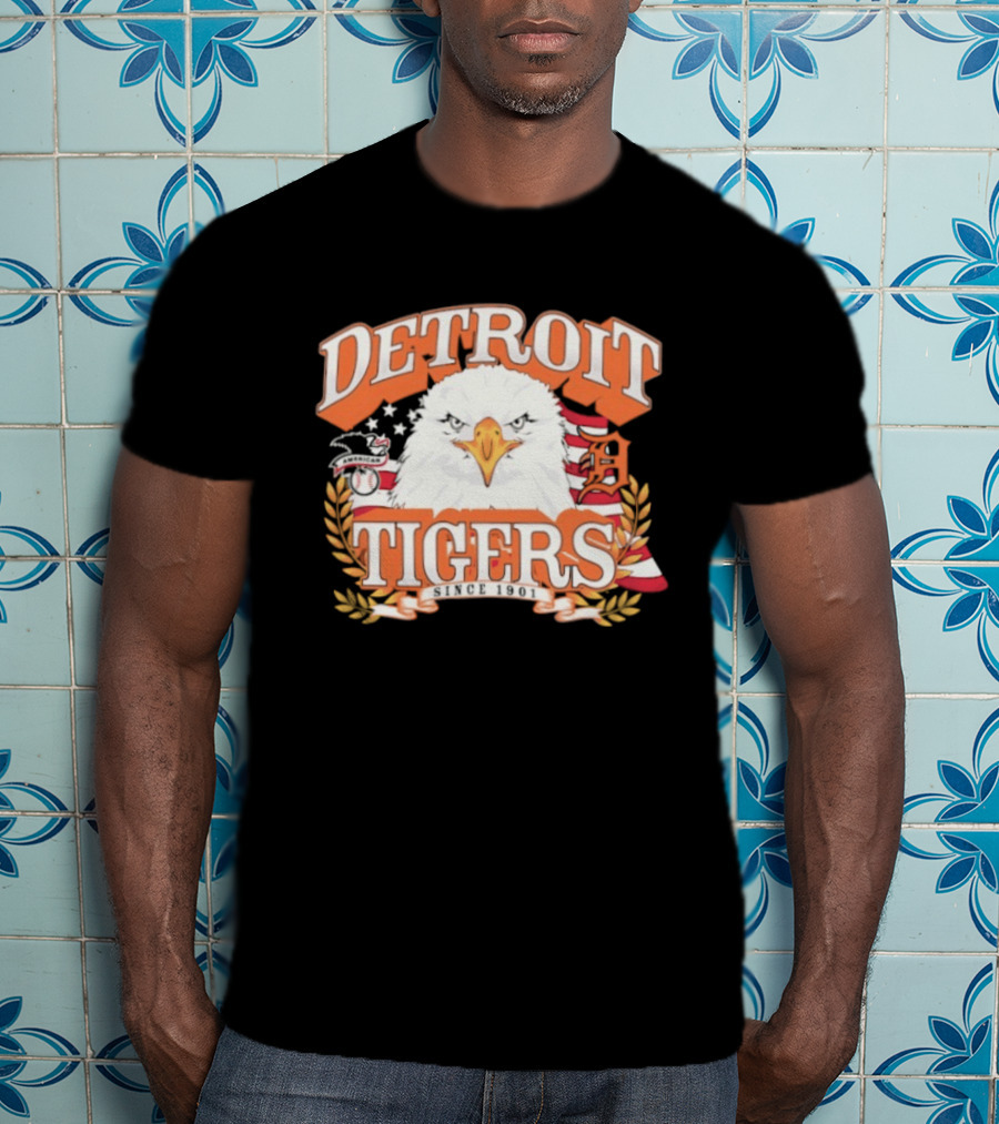 Detroit Tigers Eagle Emblem With American Flag And Stars T-Shirt