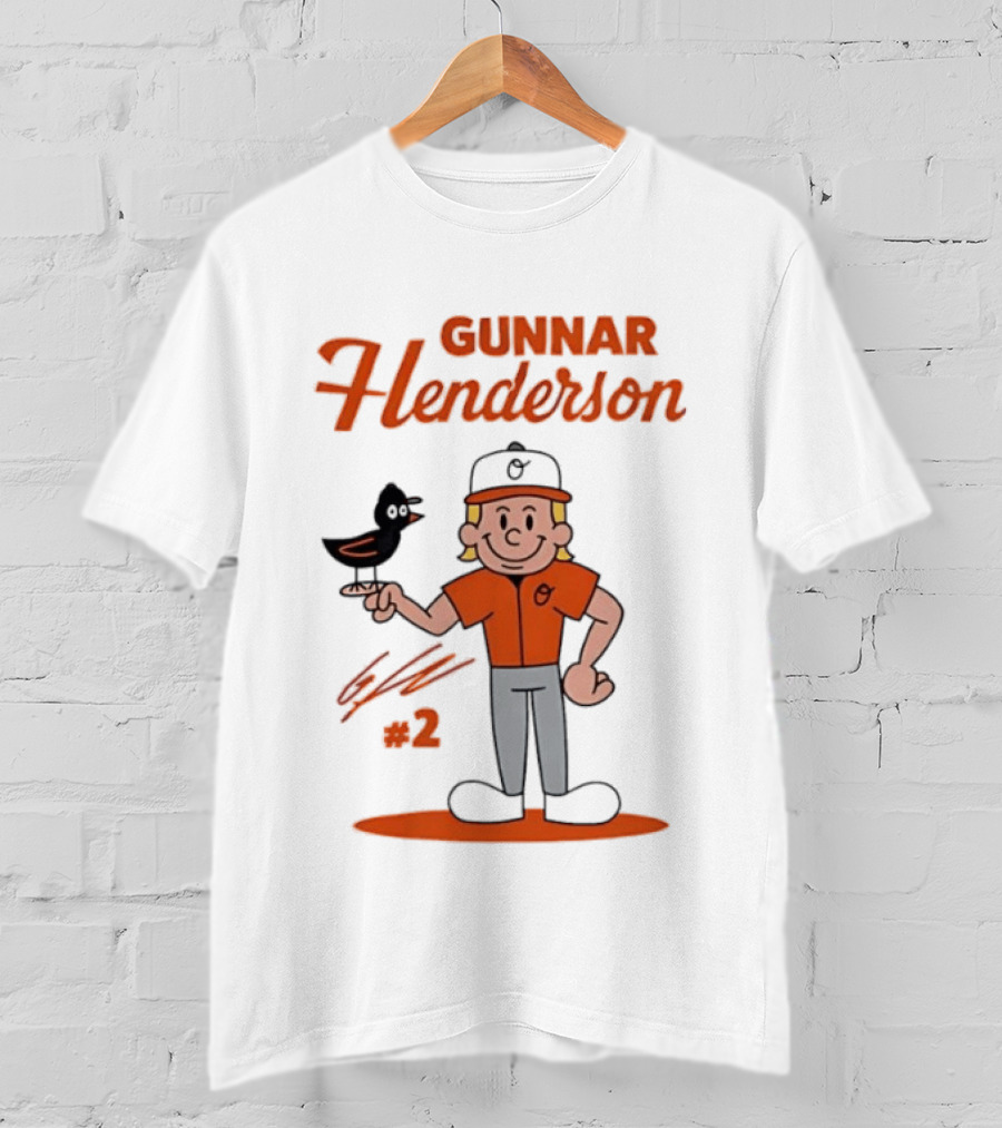 Gunnar Henderson Baltimore Orioles MLB Player Cartoon Character With Bird And Number 2 T-Shirt