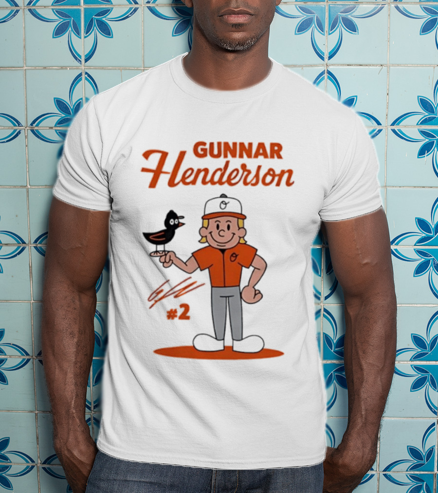 Gunnar Henderson Baltimore Orioles MLB Player Cartoon Character With Bird And Number 2 T-Shirt