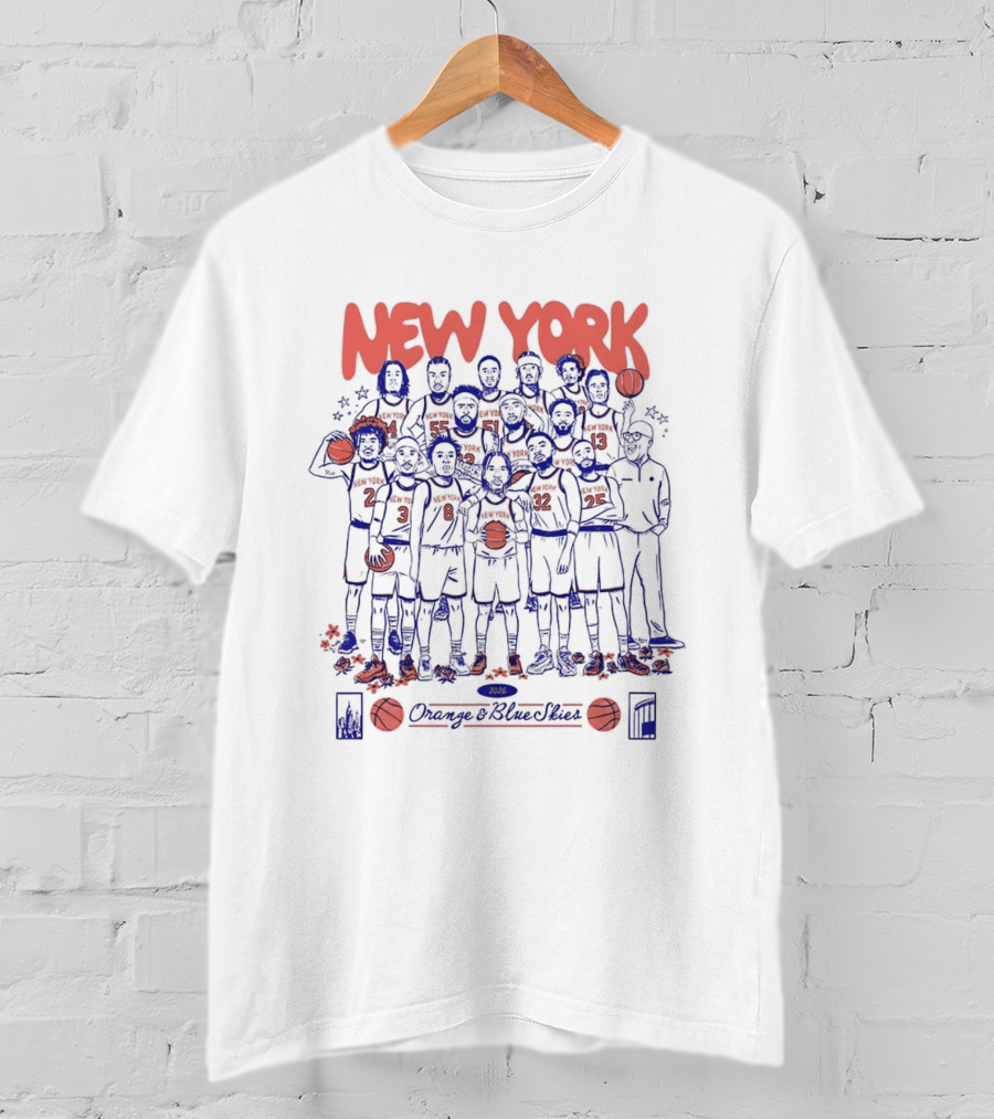 New York Knicks NBA Orange And Blue Skies Cartoon 2026 T-Shirt