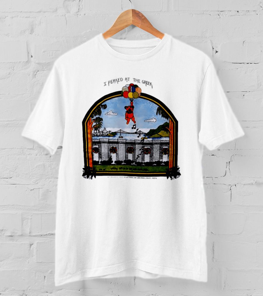 I Peaked At The Greek Grateful Dead 1985 Bear Balloons Musical Notes T-Shirt