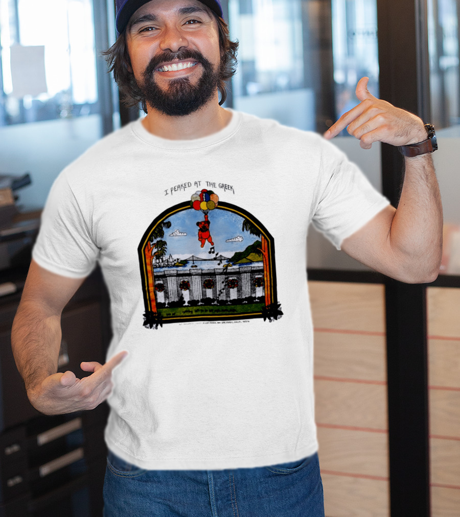 I Peaked At The Greek Grateful Dead 1985 Bear Balloons Musical Notes T-Shirt