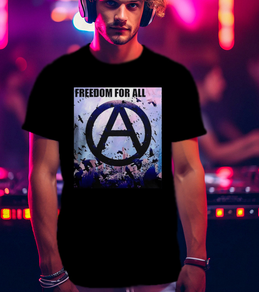 FdA IFA Freedom For All Anarchy Symbol With Birds And City Skyline T-Shirt