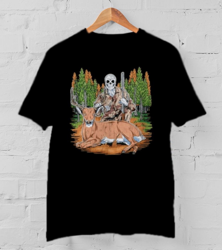 Skeleton Deer Hunting Skull Mask Camouflage Forest Scene T-Shirt