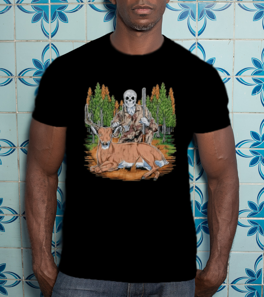 Skeleton Deer Hunting Skull Mask Camouflage Forest Scene T-Shirt