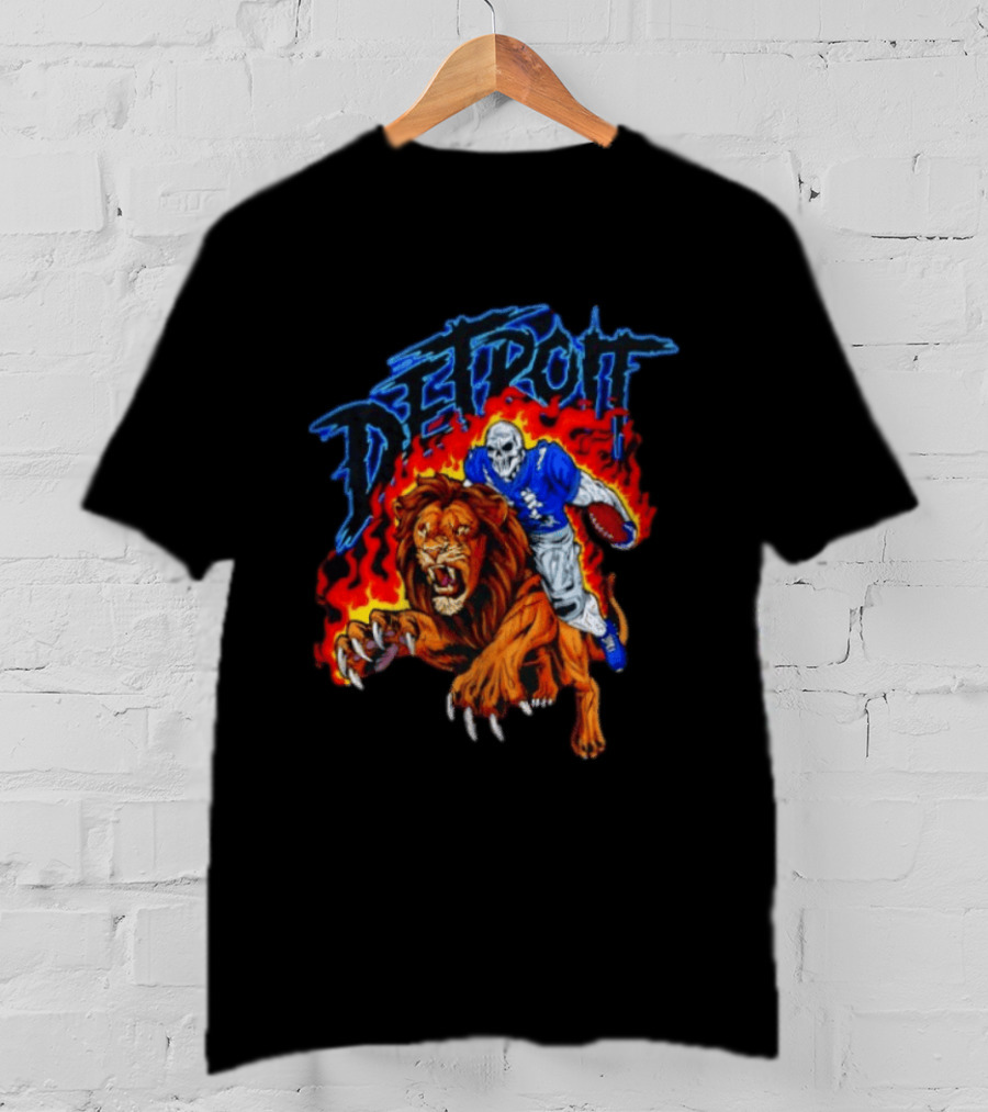 Detroit Skeleton Football Player Lion Fire Fusion T-Shirt