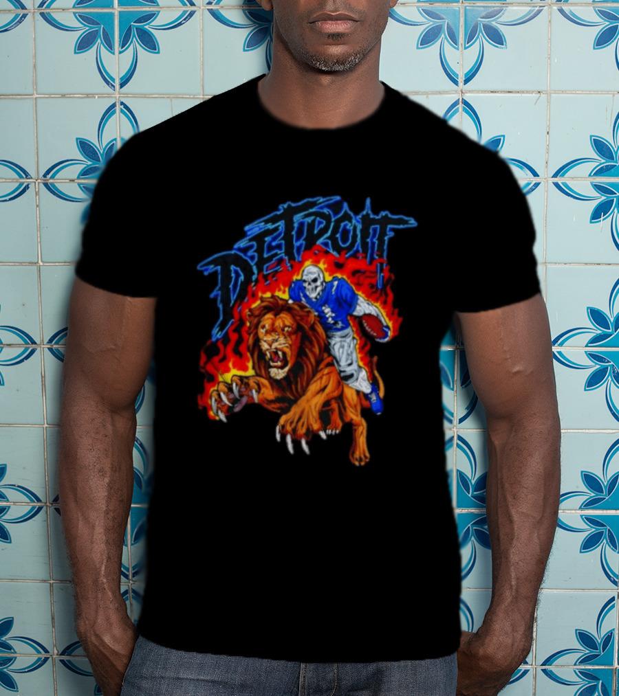 Detroit Skeleton Football Player Lion Fire Fusion T-Shirt