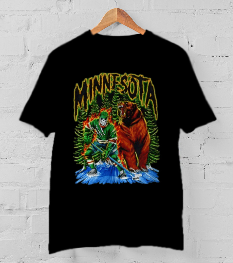 Minnesota Wild Hockey Skeleton Bear Forest Fire T-Shirt