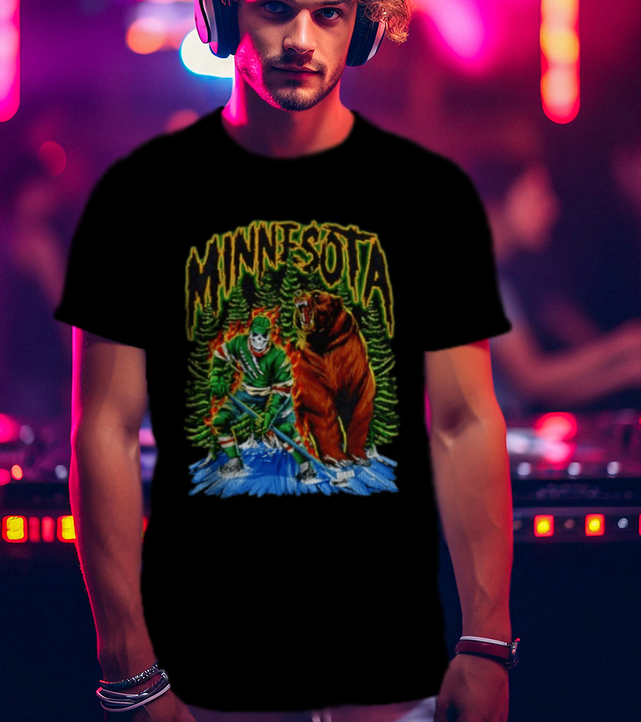 Minnesota Wild Hockey Skeleton Bear Forest Fire T-Shirt