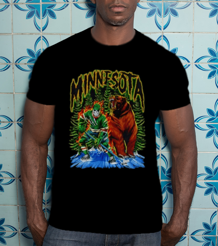 Minnesota Wild Hockey Skeleton Bear Forest Fire T-Shirt