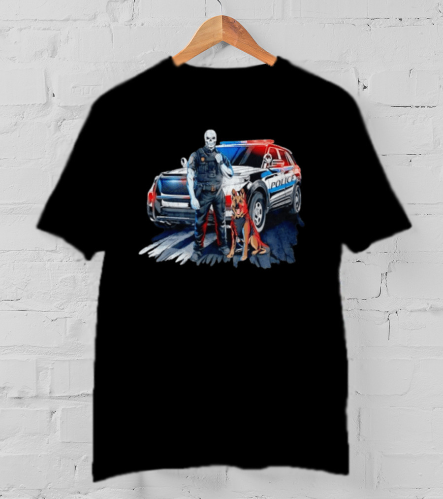 Skeleton Police Officer And Working Dog With Patrol Car T-Shirt