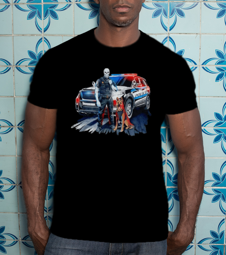 Skeleton Police Officer And Working Dog With Patrol Car T-Shirt