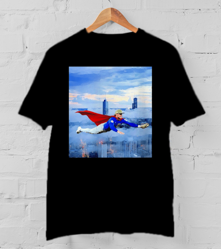 Superman Nico Hoerner Chicago Cubs Second Baseman Flying Over City Skyline T-Shirt