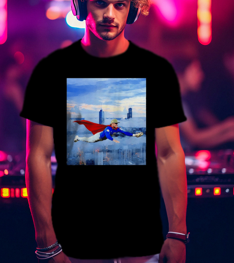 Superman Nico Hoerner Chicago Cubs Second Baseman Flying Over City Skyline T-Shirt