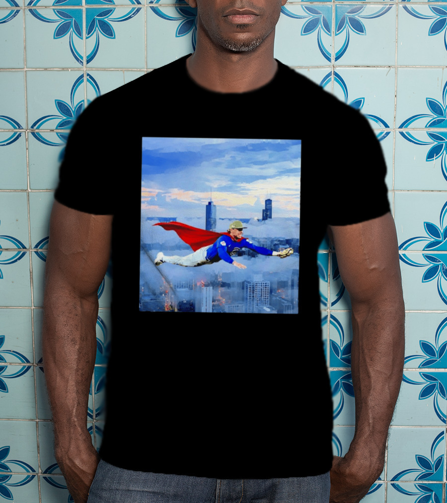 Superman Nico Hoerner Chicago Cubs Second Baseman Flying Over City Skyline T-Shirt