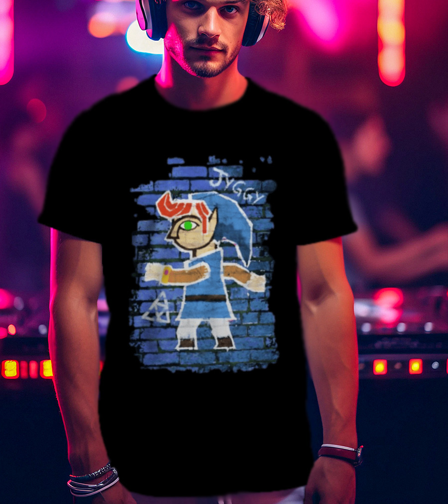 Jyggy ALBJ Character With Triforce On Blue Brick T-Shirt