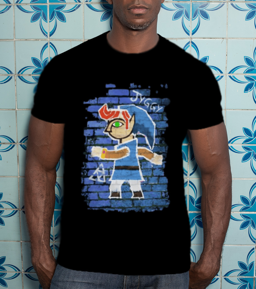 Jyggy ALBJ Character With Triforce On Blue Brick T-Shirt