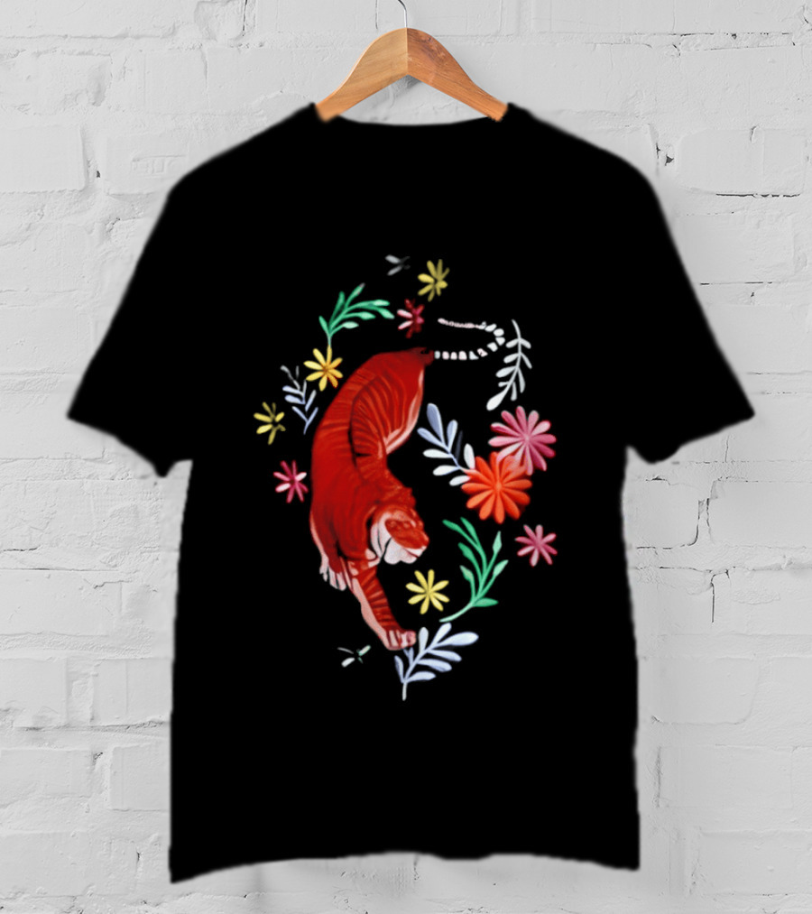 Todd Herzog Bengal Tiger Floral Motif With Vibrant Blooming Flowers T-Shirt