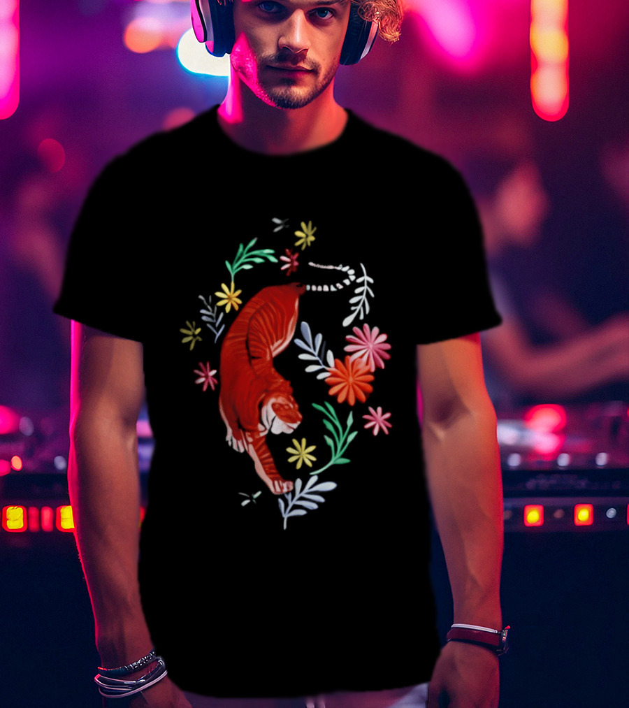 Todd Herzog Bengal Tiger Floral Motif With Vibrant Blooming Flowers T-Shirt