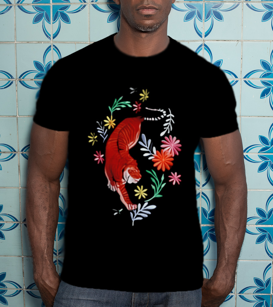Todd Herzog Bengal Tiger Floral Motif With Vibrant Blooming Flowers T-Shirt