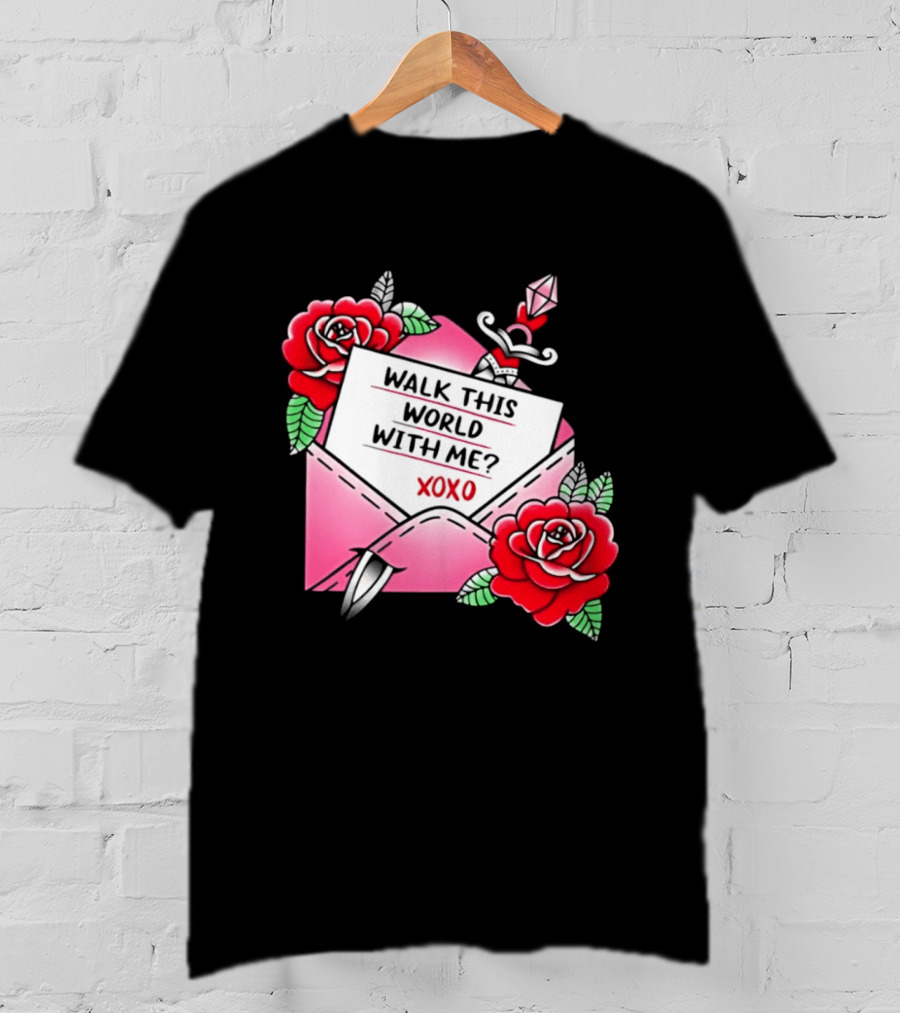Walk This World With Me XOXO Romantic Tattoo Roses And Letter Envelope T-Shirt