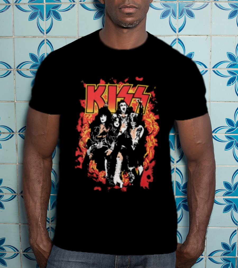 Kiss Flames And Flames All Over With Iconic Band T-Shirt