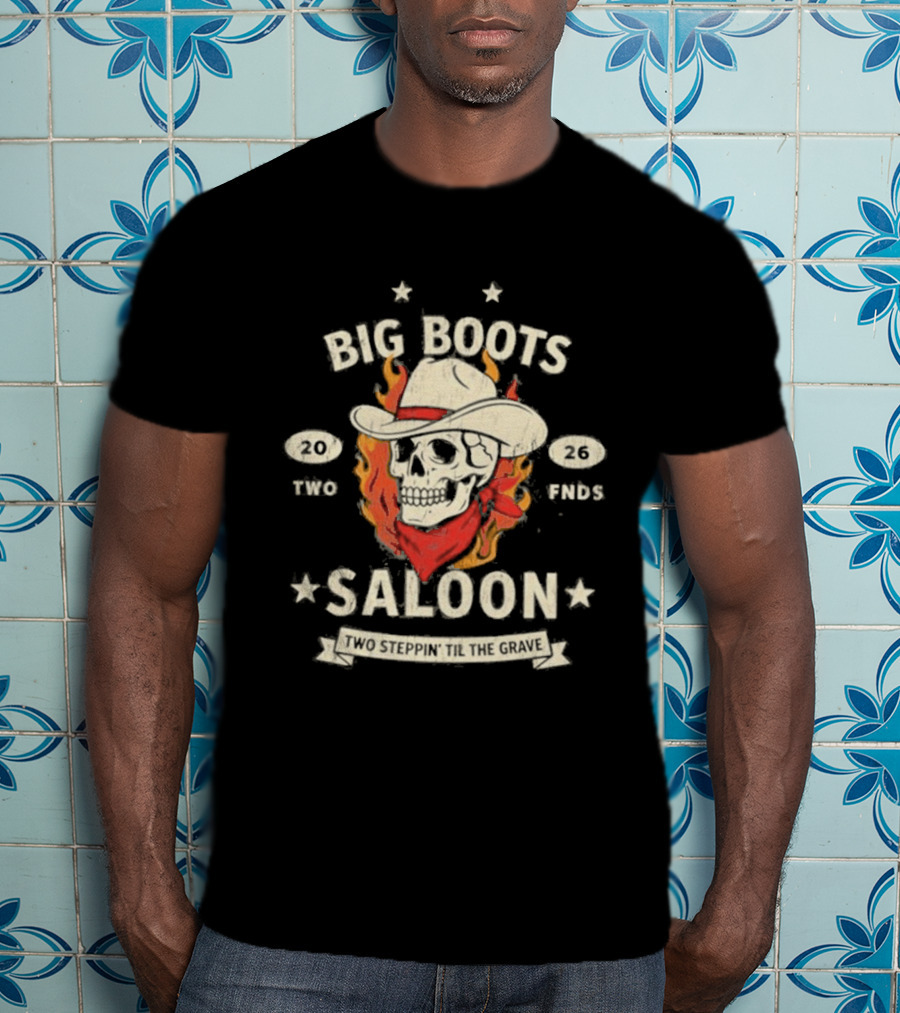 Big Boots Saloon Two Friends Cowboy Skull Flames Vintage 2018 T-Shirt