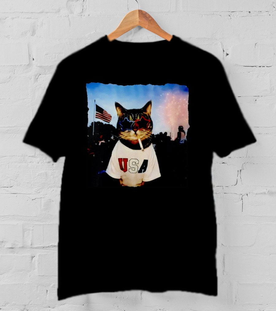 USA Cat With American Flag Sunglasses Smoking Fireworks T-Shirt
