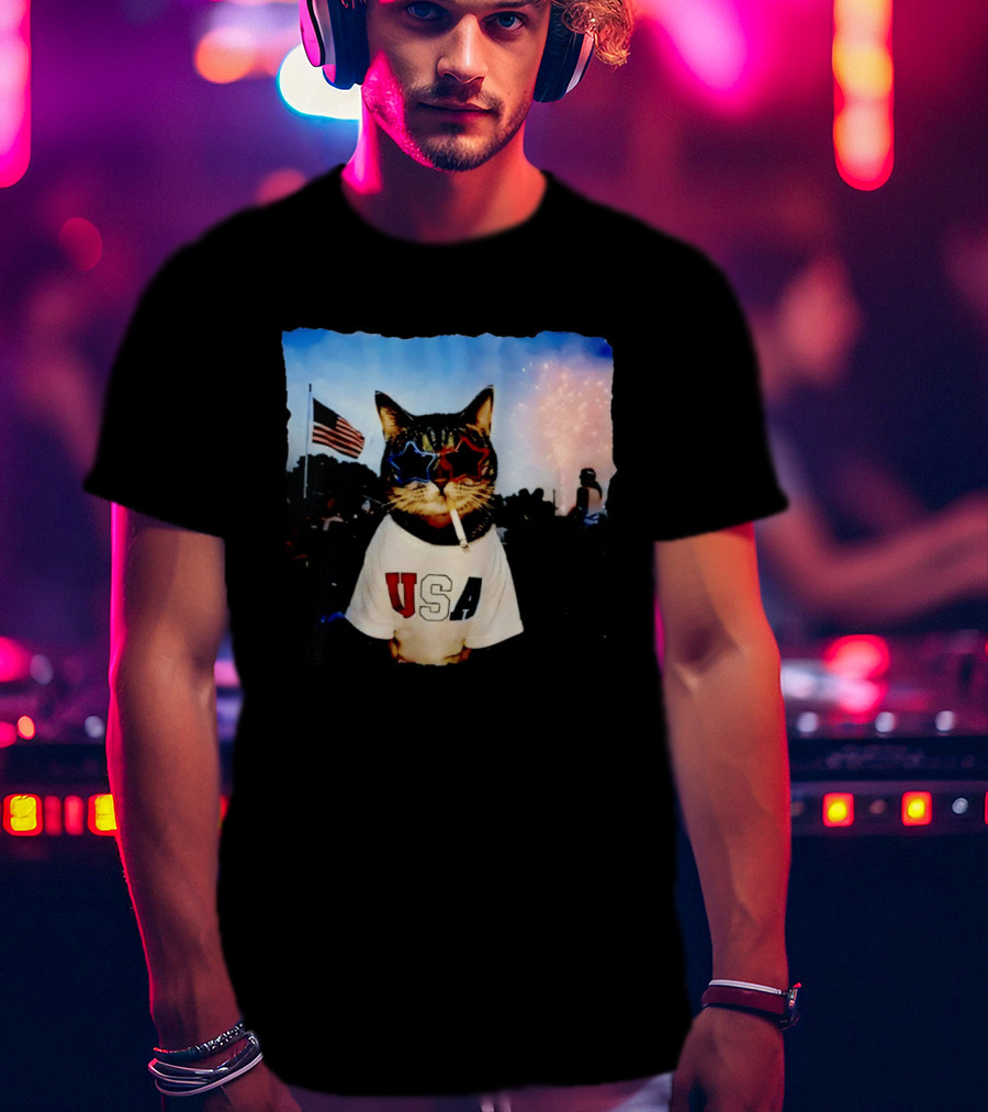 USA Cat With American Flag Sunglasses Smoking Fireworks T-Shirt