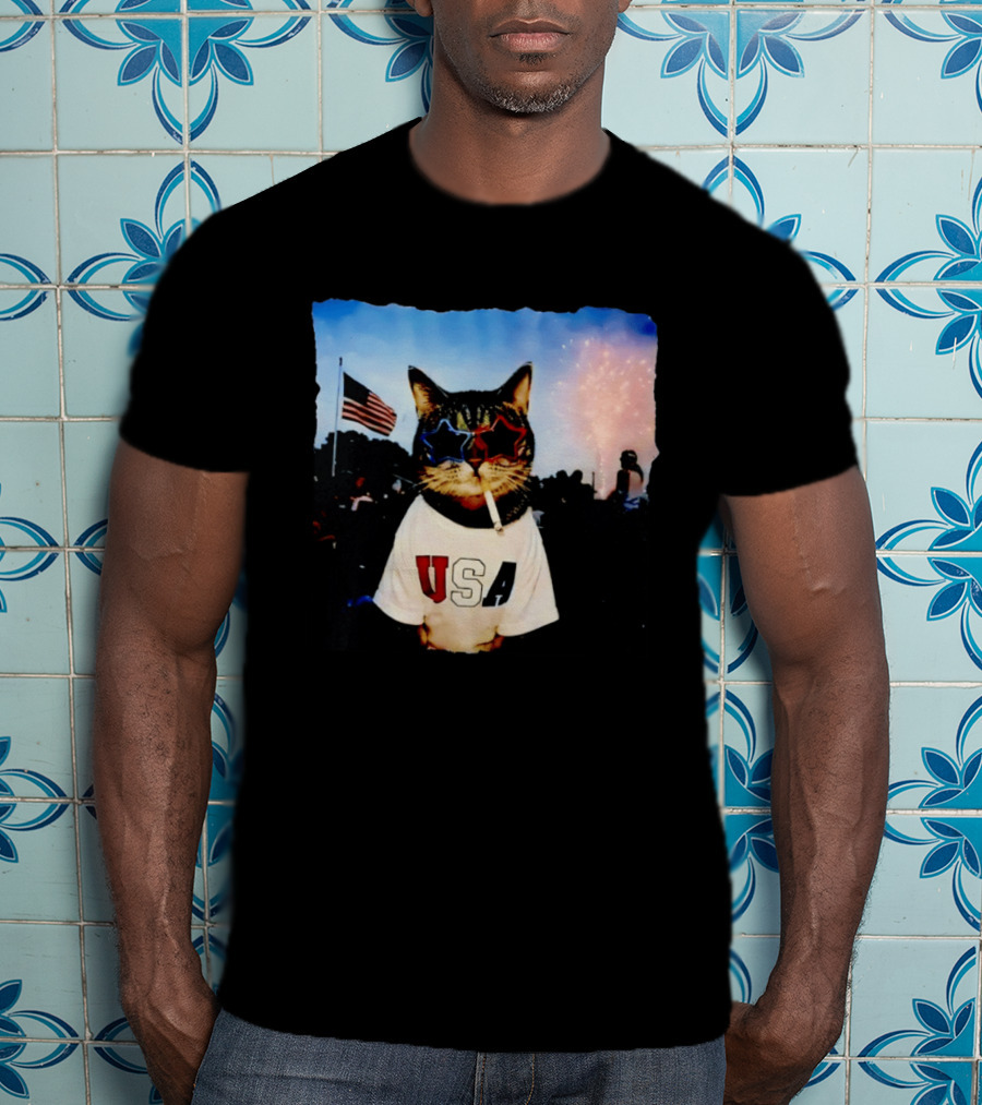 USA Cat With American Flag Sunglasses Smoking Fireworks T-Shirt