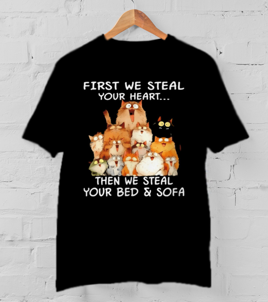 First We Steal Your Heart Then We Steal Your Bed And Sofa Cats Stack T-Shirt