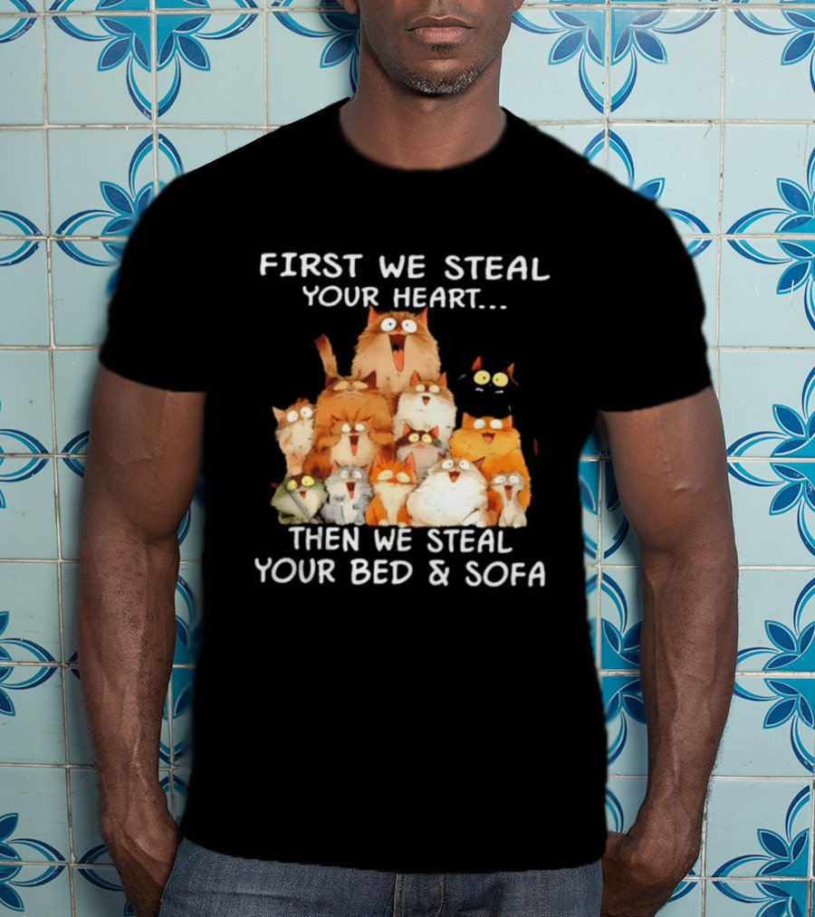 First We Steal Your Heart Then We Steal Your Bed And Sofa Cats Stack T-Shirt