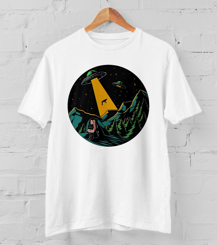 UFOs Aliens Abduction Night Sky Mountains Forest Trees Stars Beam T-Shirt