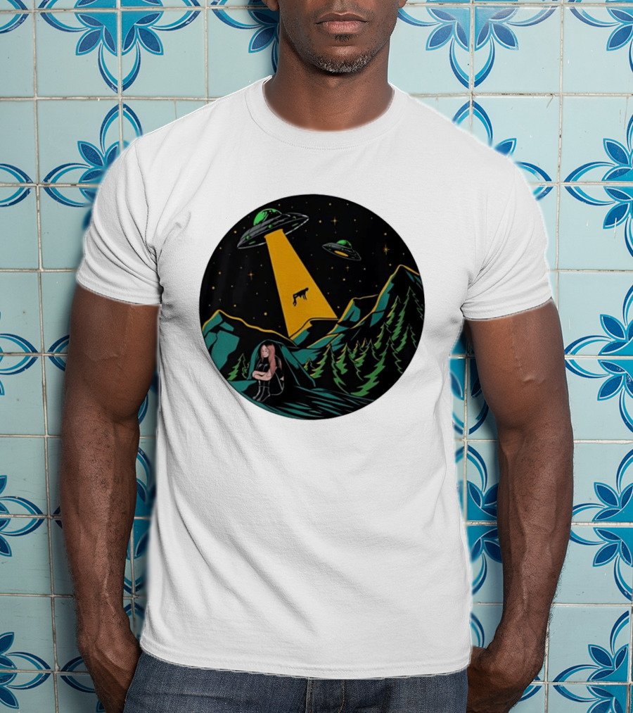 UFOs Aliens Abduction Night Sky Mountains Forest Trees Stars Beam T-Shirt