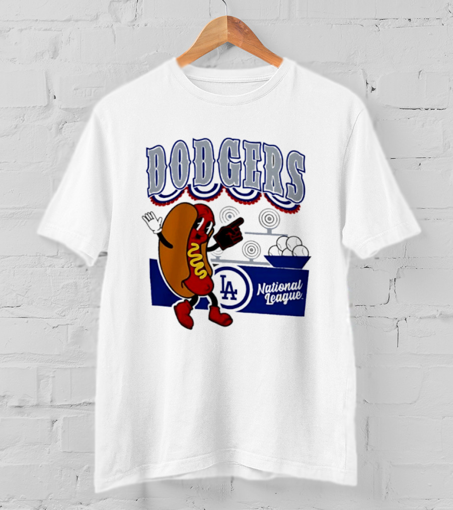 Cartoon Hot Dog Dodgers LA National League Baseball T-Shirt