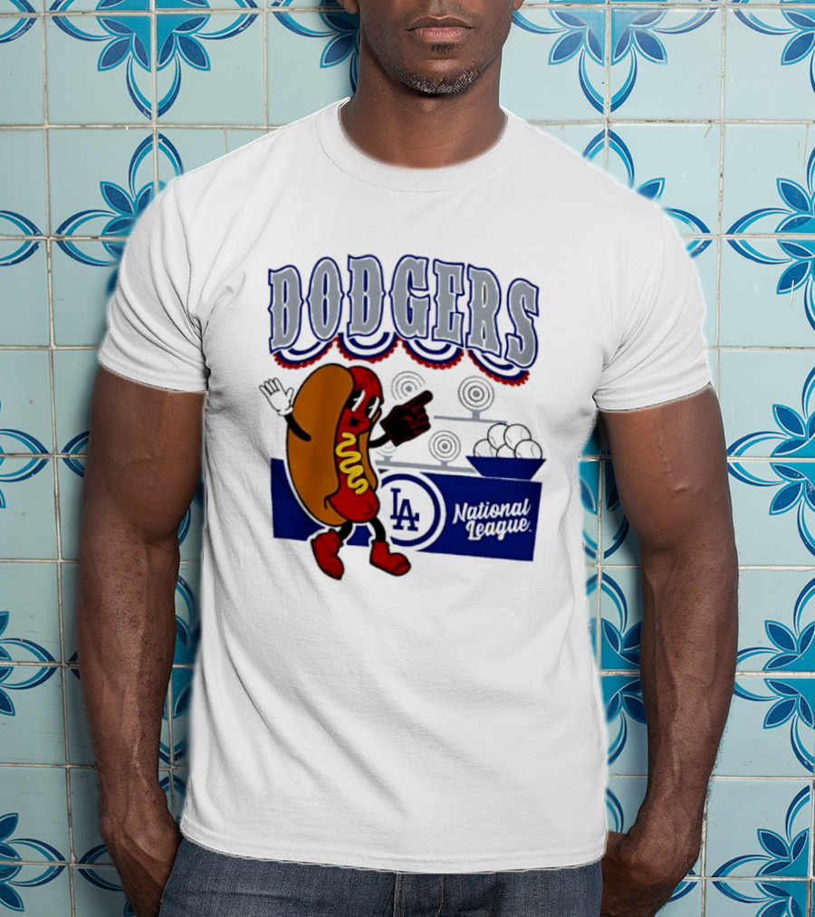 Cartoon Hot Dog Dodgers LA National League Baseball T-Shirt