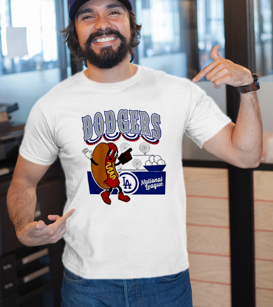 Cartoon Hot Dog Dodgers LA National League Baseball T-Shirt