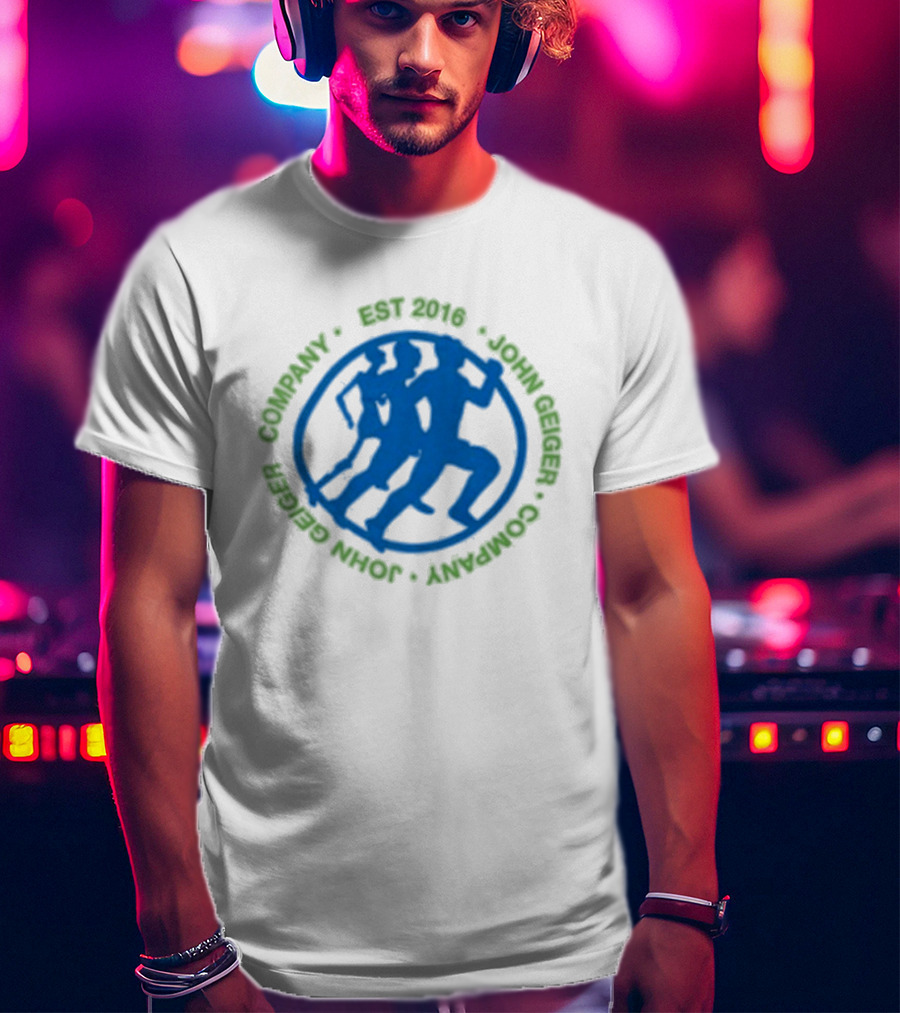 John Geiger Company Est 2016 Blue Running Figures T-Shirt