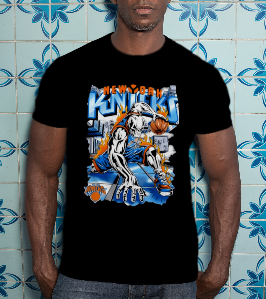 New York Knicks Basketball Urban Street Art Comic Style Flame Warrior T-Shirt