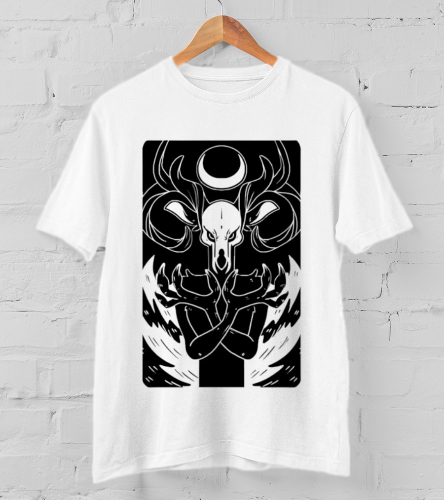 Deer Skull Antlers Crescent Moon Spirit Hands Rays Ritual Mystical Symbolism T-Shirt