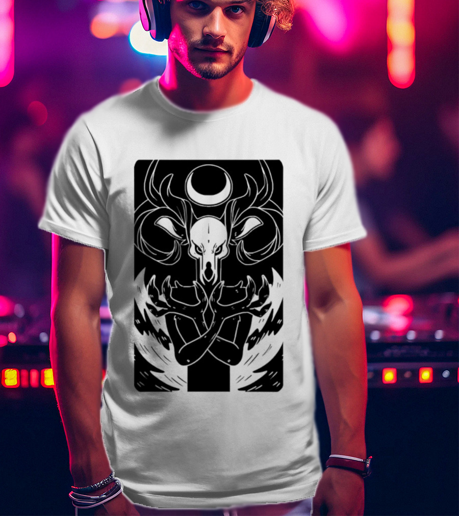 Deer Skull Antlers Crescent Moon Spirit Hands Rays Ritual Mystical Symbolism T-Shirt