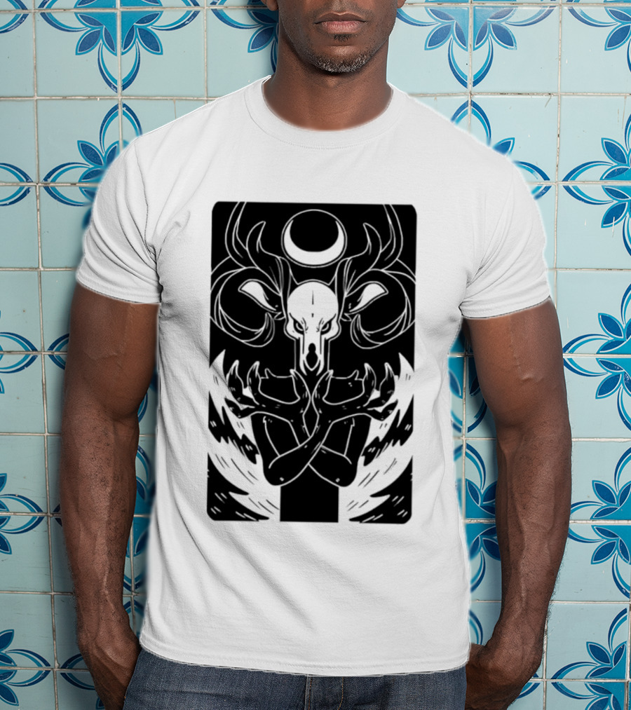 Deer Skull Antlers Crescent Moon Spirit Hands Rays Ritual Mystical Symbolism T-Shirt